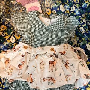 Girl August NWT Green Gingham Baby Romper with Woodland Animal Skirt